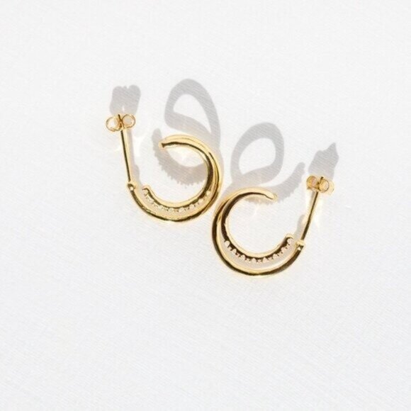 Double Huggie Earrings Gold CZ Hoop Earrings Non Tarnish Hypoallergenic Jewelry - Picture 8 of 13